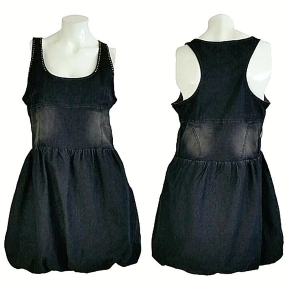 Soho Babe Faded Black Denim Stud Trim Bubble Dress